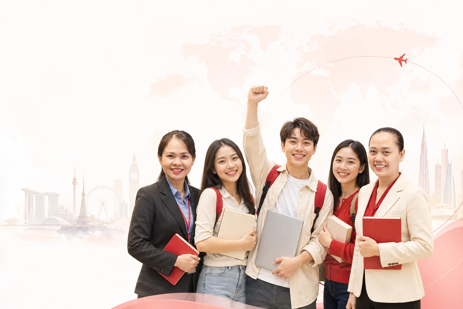 Minh họa tập thể tư vấn viên đồng hành cùng học sinh trên hành trình du học