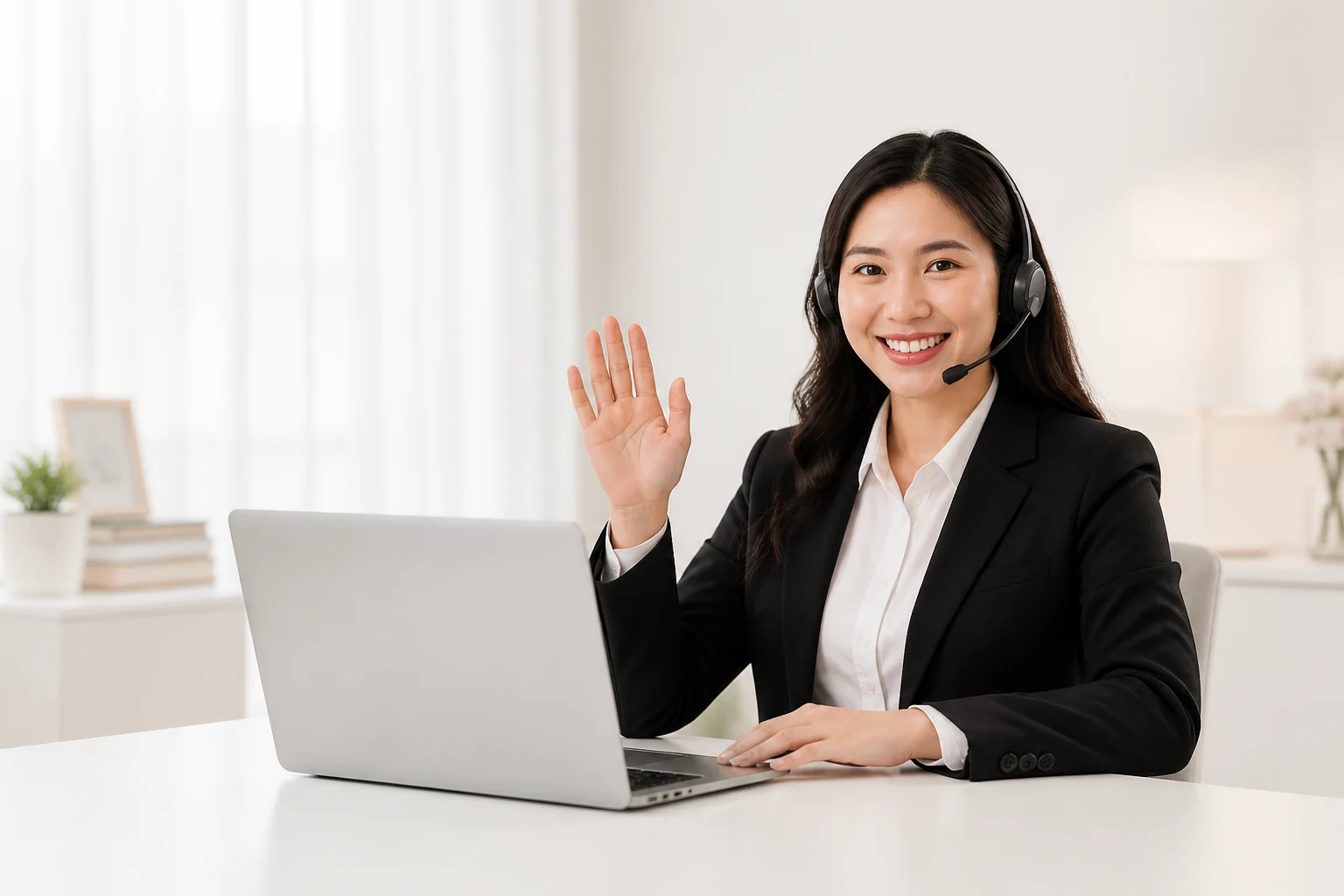 Minh họa tư vấn viên đeo tai nghe, chào đón bạn tại bàn làm việc