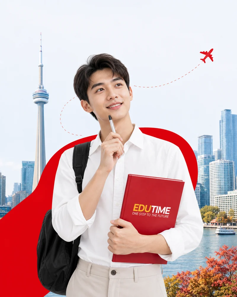 Nhân vật minh họa du học Canada cầm hồ sơ Edutime