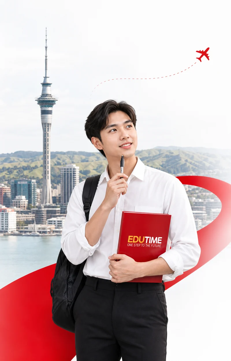 Nhân vật minh họa du học New Zealand cầm hồ sơ Edutime