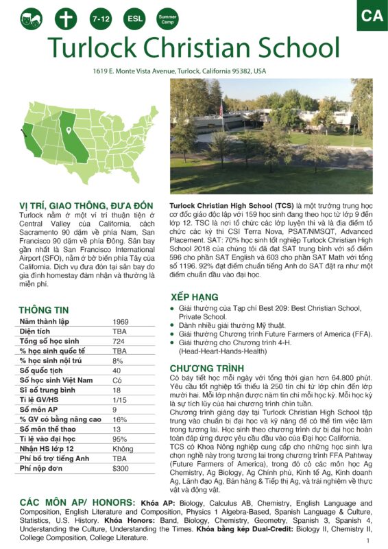 du học trung học thpt mỹ trường turlock christian school