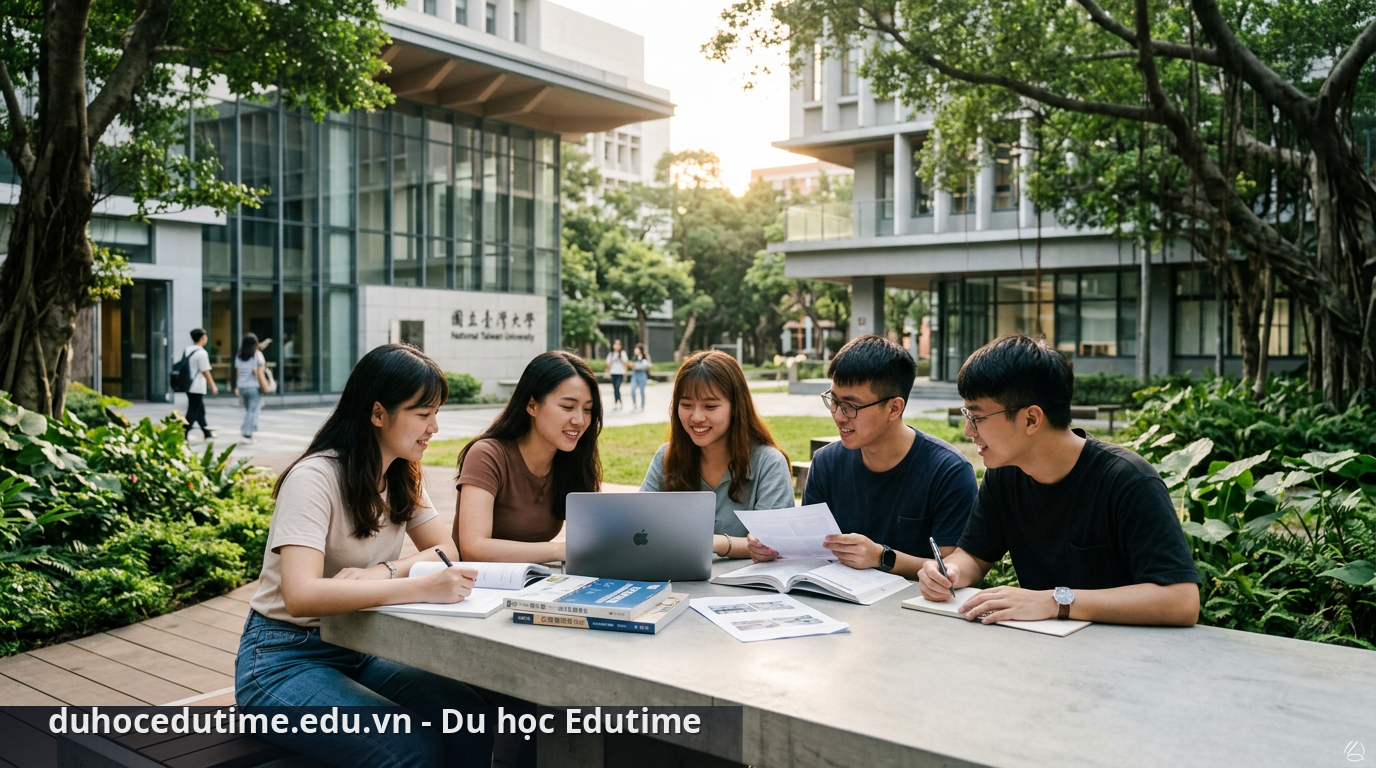 Sinh viên học tập tại khuôn viên đại học hiện đại ở Đài Loan - so sánh đại học công lập và tư thục Đài Loan