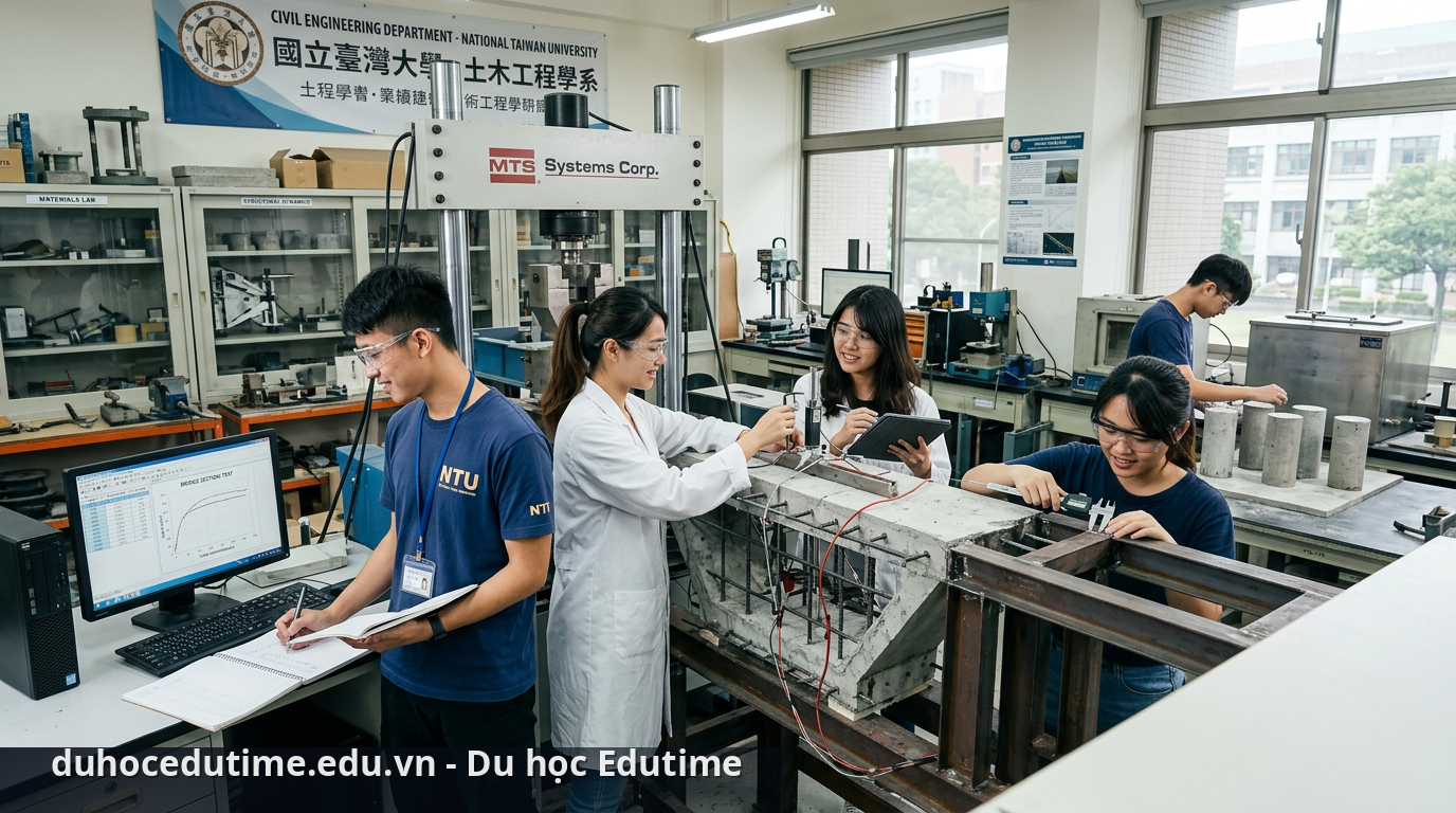 Sinh viên thực hành tại phòng thí nghiệm ngành kỹ thuật xây dựng - trường đào tạo kỹ thuật xây dựng dân dụng Đài Loan