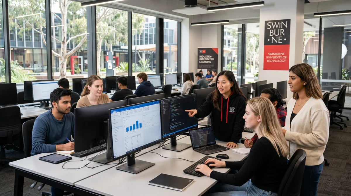Sinh viên làm việc nhóm trong phòng thí nghiệm công nghệ tại Swinburne University - du học úc trường Đại học Swinbern University