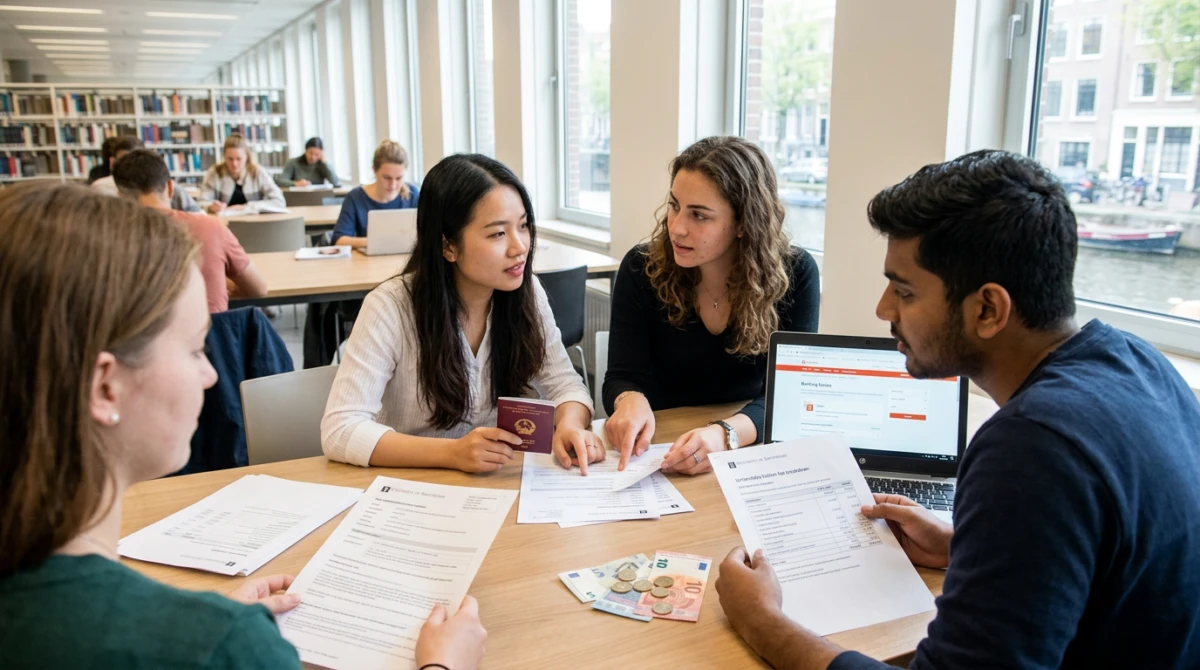 Sinh viên quốc tế tập trung học tập tại thư viện của trường Đại học Amsterdam - chi phí du học trường đại học Đại học Amsterdam (UvA) Hà Lan