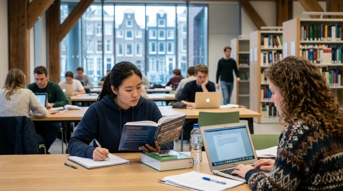 Sinh viên quốc tế học tập tại thư viện thuộc hệ thống Đại học Amsterdam - chi phí du học trường Đại học Amsterdam (UvA) Hà Lan