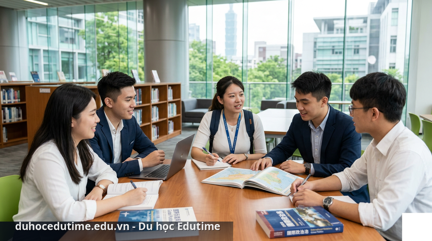 Có nên du học Đài Loan ngành Quan hệ Quốc tế? Khám phá ngay 2 Sinh viên ngành Quan hệ Quốc tế tại Đài Loan trong giờ thảo luận - du học Đài Loan ngành Quan hệ Quốc tế