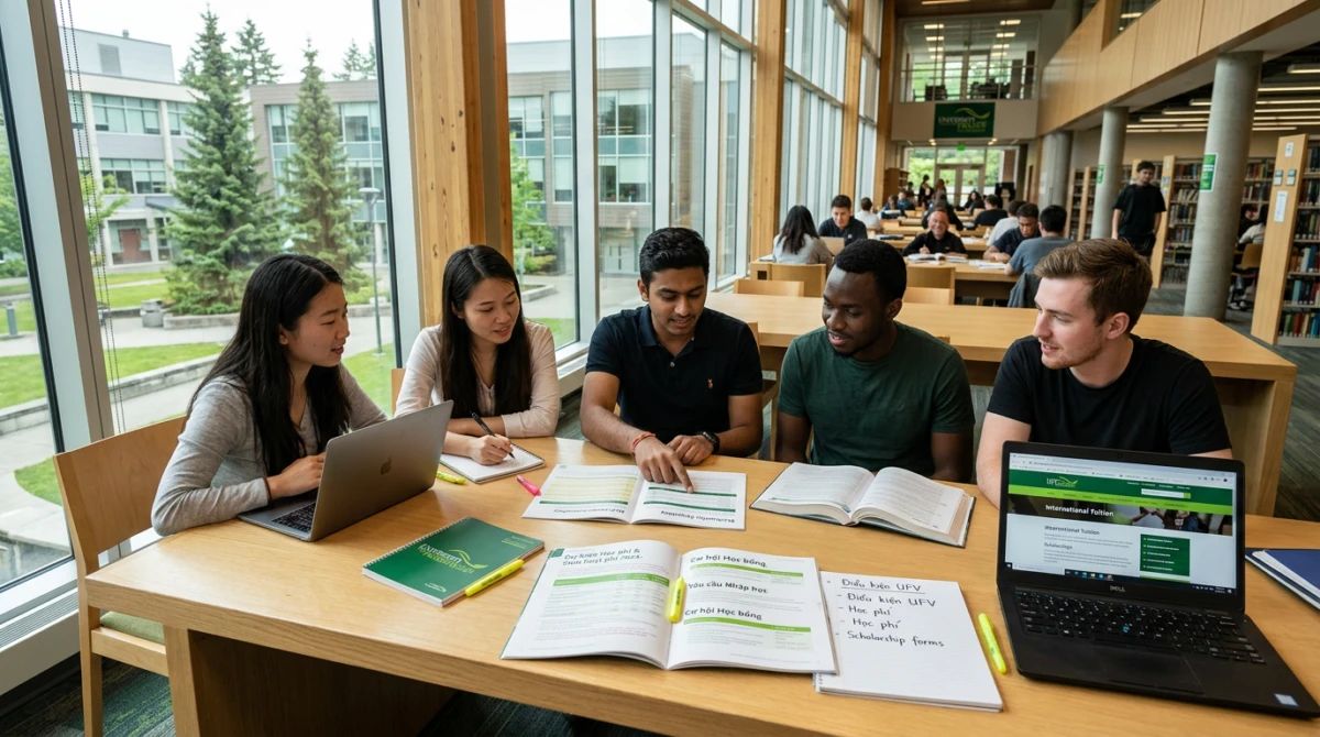 Sinh viên quốc tế học tập và trao đổi nhóm tại thư viện trường - University of the Fraser Valley