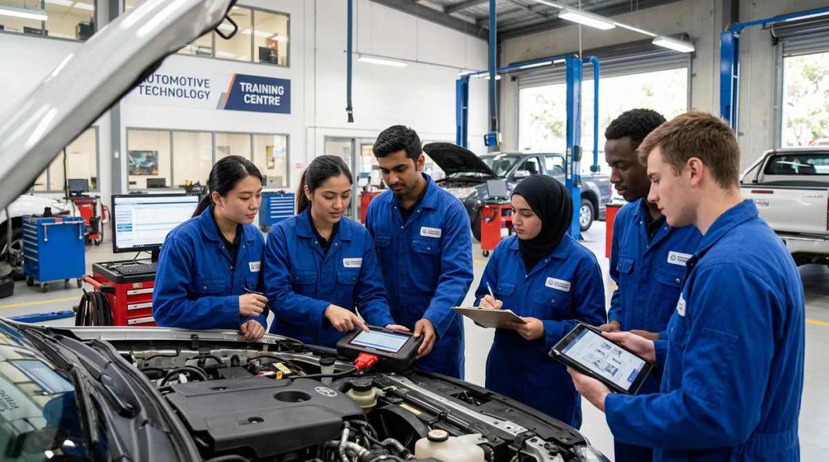 Sinh viên quốc tế tập trung thực hành chẩn đoán động cơ dưới sự hướng dẫn của giảng viên - Du học cao đẳng ngành sửa chữa ô tô ở Úc