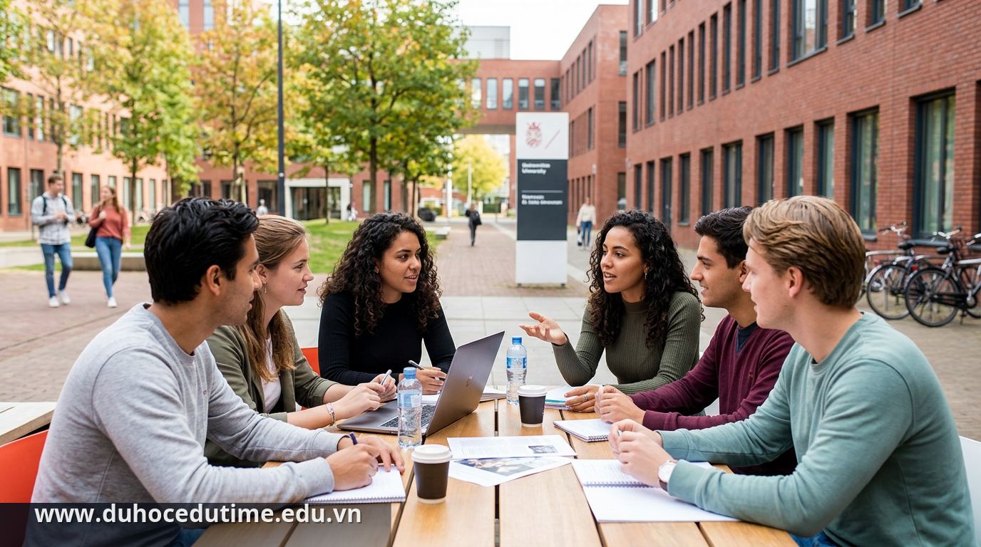 Sinh viên thảo luận nhóm trong không gian học tập hiện đại tại Hà Lan - Dự bị đại học Hà Lan