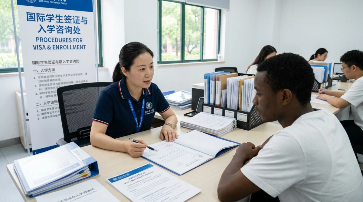 Cán bộ tuyển sinh tại các trường đại học Chiết Giang hỗ trợ học viên hoàn tất thủ tục đăng ký tạm trú và visa - du học hệ tiếng Trung tại các trường đại học Chiết Giang