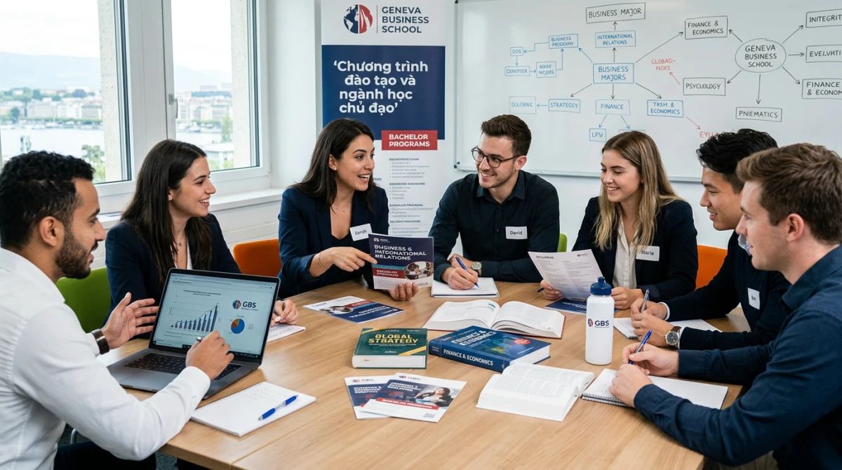 Sinh viên thảo luận nhóm trong giờ học quản trị kinh doanh tại trường - Geneva Business School