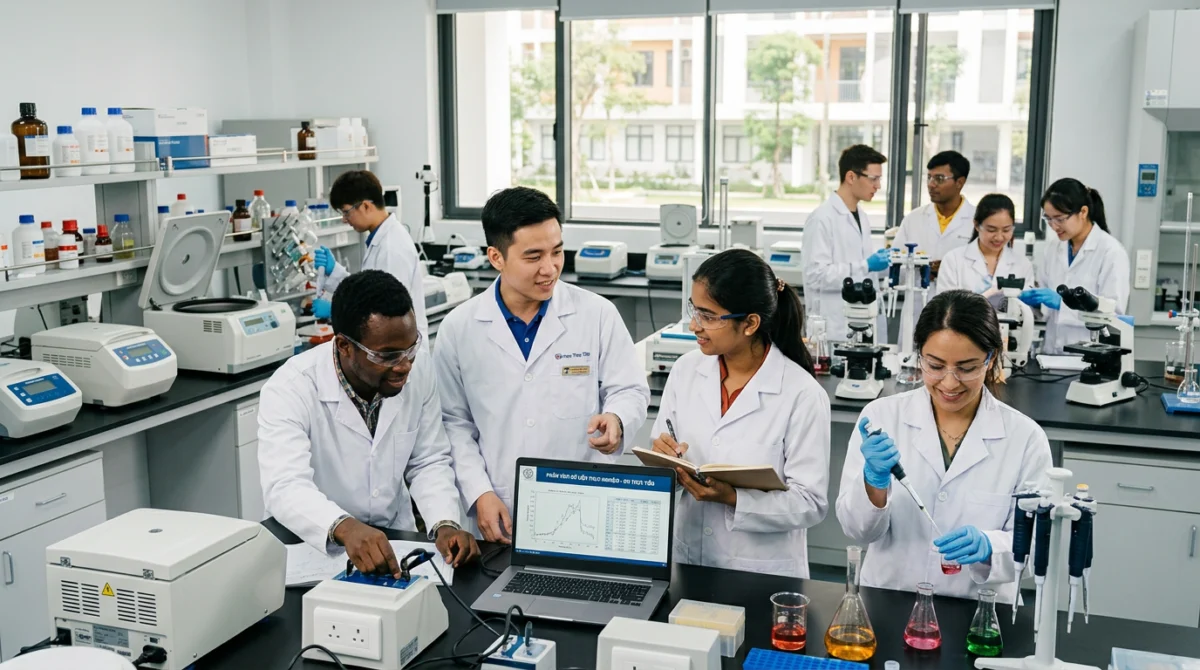 Sinh viên tham gia các giờ học chuyên môn trong không gian phòng thực hành hiện đại. - Hệ 1+4 Đại học Thực Tiễn