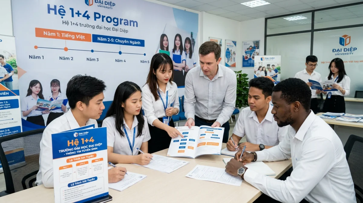 Sinh viên quốc tế trong khuôn viên đại học Đại Diệp - Hệ 1+4 trường đại học Đại Diệp