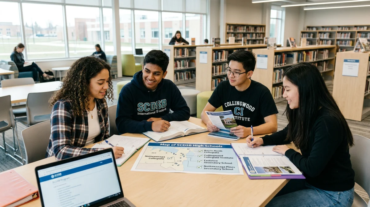 Học sinh quốc tế thảo luận nhóm tại không gian học tập chung của học khu. - học khu Simcoe County District School Board