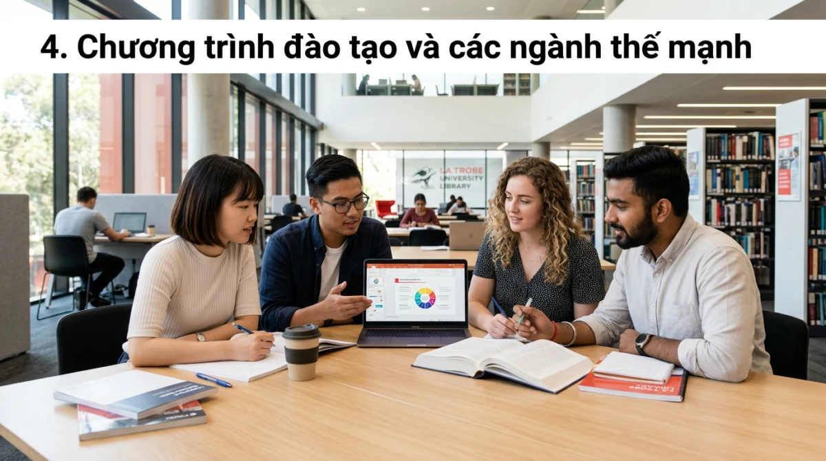 Sinh viên quốc tế học tập và thảo luận nhóm trong không gian thư viện tiện nghi - La Trobe University