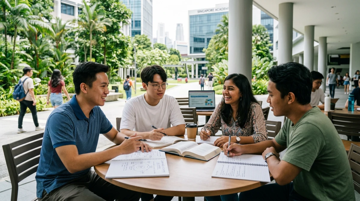 Sinh viên quốc tế thảo luận nhóm trong giờ học tiếng Anh tại Singapore - Top 4 trường đào tạo tiếng Anh tại Singapore