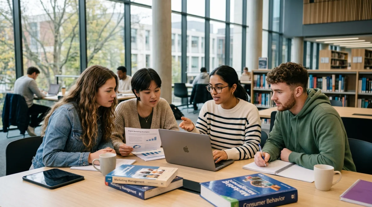 Top 5 Trường Đại học đào tạo Marketing tại Úc 2 Sinh viên thảo luận nhóm về chiến lược marketing tại thư viện trường - đào tạo Marketing