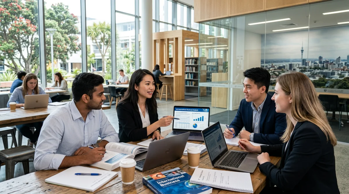 Sinh viên quốc tế thảo luận nhóm trong không gian học tập tại trường đại học ở New Zealand - Kinh doanh quốc tế ở New Zealand