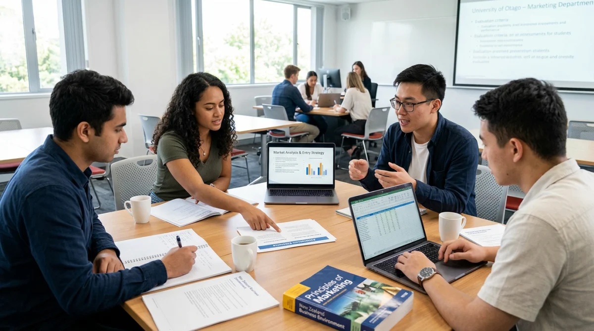 Sinh viên thảo luận nhóm trong giờ học chuyên ngành tại trường đại học - ngành Marketing ở New Zealand