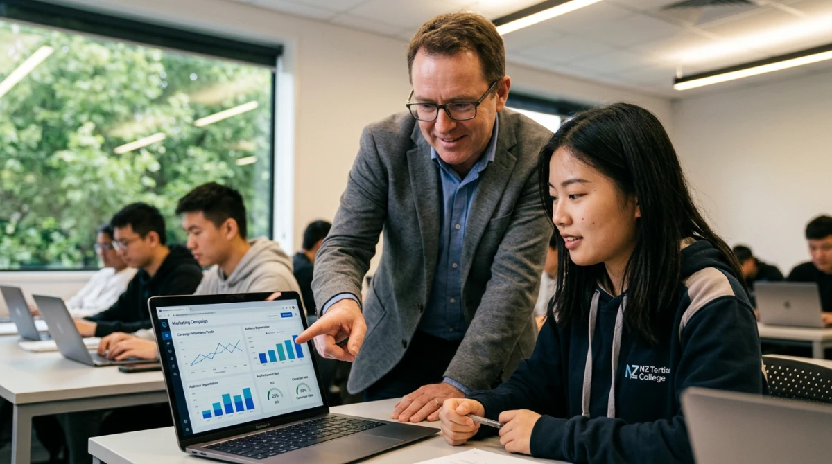 Diploma ngành Marketing tại New Zealand: Lộ trình và chương trình 2 Giảng viên hỗ trợ sinh viên thực hành phân tích chiến dịch marketing thực tế - Diploma ngành Marketing tại New Zealand