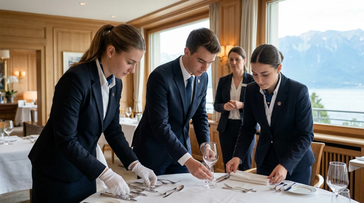Sinh viên tham gia thực hành nghiệp vụ nhà hàng khách sạn cao cấp tại Thụy Sĩ - Du học Bachelor ngành Hospitality Management tại Thụy Sĩ