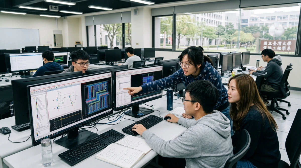 Sinh viên thực hành thiết kế vi mạch trên máy tính tại trường đại học - Du học đại học ngành Công nghệ bán dẫn tại Đài Loan