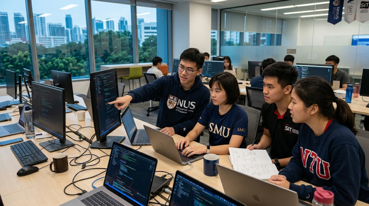 Sinh viên ngành Công nghệ thông tin thực hành và làm việc nhóm tại phòng thí nghiệm máy tính. - Du học Đại học ngành Công nghệ thông tin tại Singapore