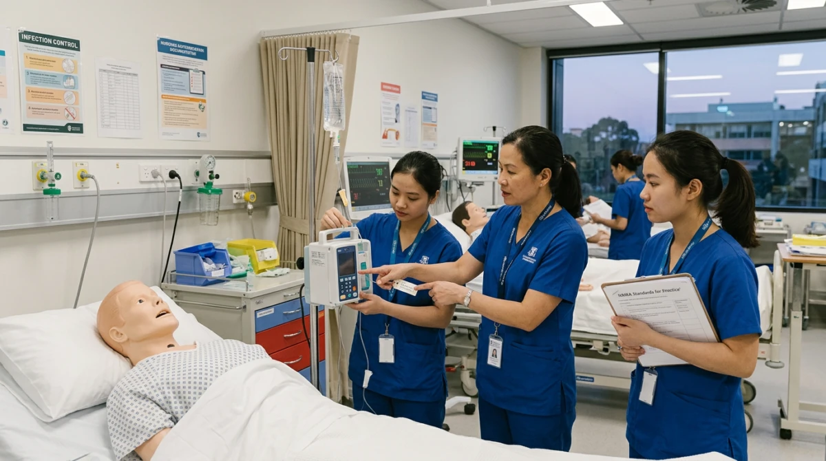 Sinh viên ngành Nursing được hướng dẫn thực hành chuyên môn dưới sự giám sát của giảng viên giàu kinh nghiệm - Du học Đại học ngành Nursing tại Úc