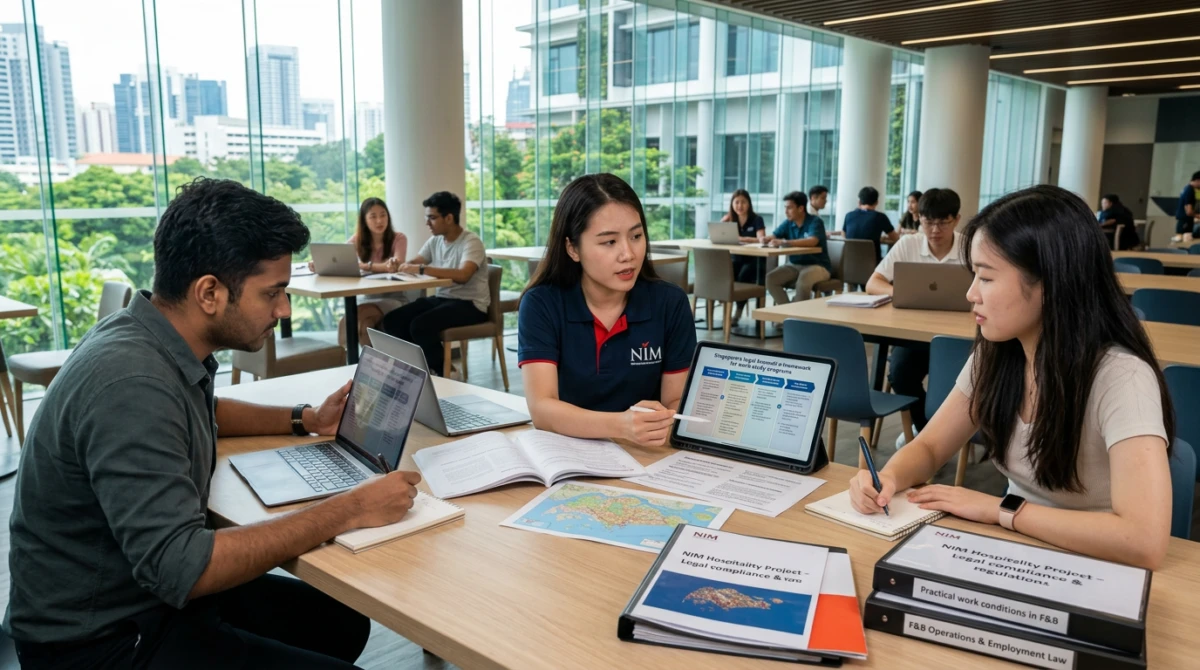 Sinh viên quốc tế trao đổi học tập và thảo luận chuyên môn tại khuôn viên trường - Du học Singapore vừa học vừa làm tại NIM ngành khách sạn nhà hàng