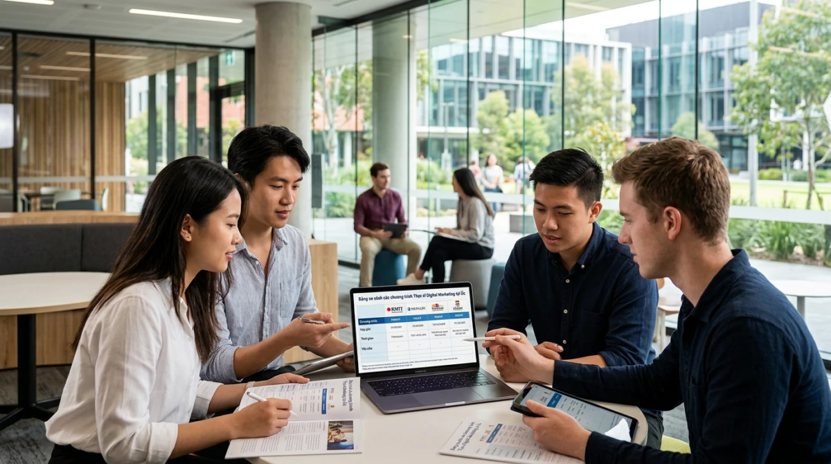 Du học Thạc sĩ Digital Marketing tại Úc: Điều kiện và trường đào tạo 2 Sinh viên trao đổi học thuật và thảo luận nhóm trong không gian mở - Du học Thạc sĩ Digital Marketing tại Úc
