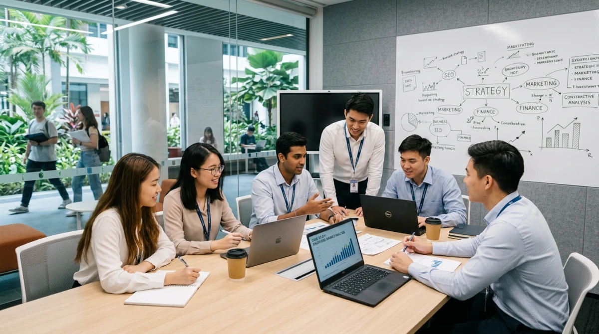 Sinh viên thảo luận nhóm trong không gian học tập chuyên nghiệp - Top trường đào tạo ngành Quản trị kinh doanh tại Singapore