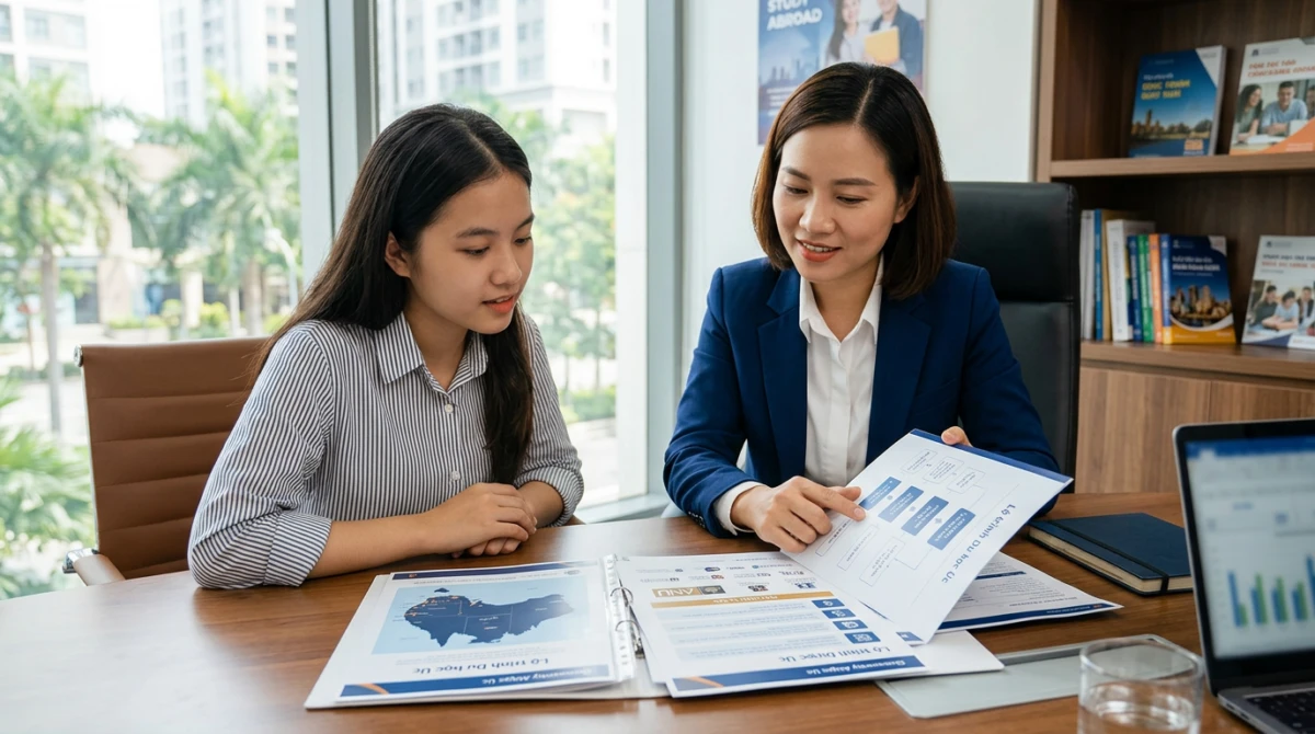Chuyên viên tư vấn hỗ trợ học sinh kiểm tra hồ sơ và chuẩn bị thủ tục sang Úc - công ty tư vấn du học Úc uy tín