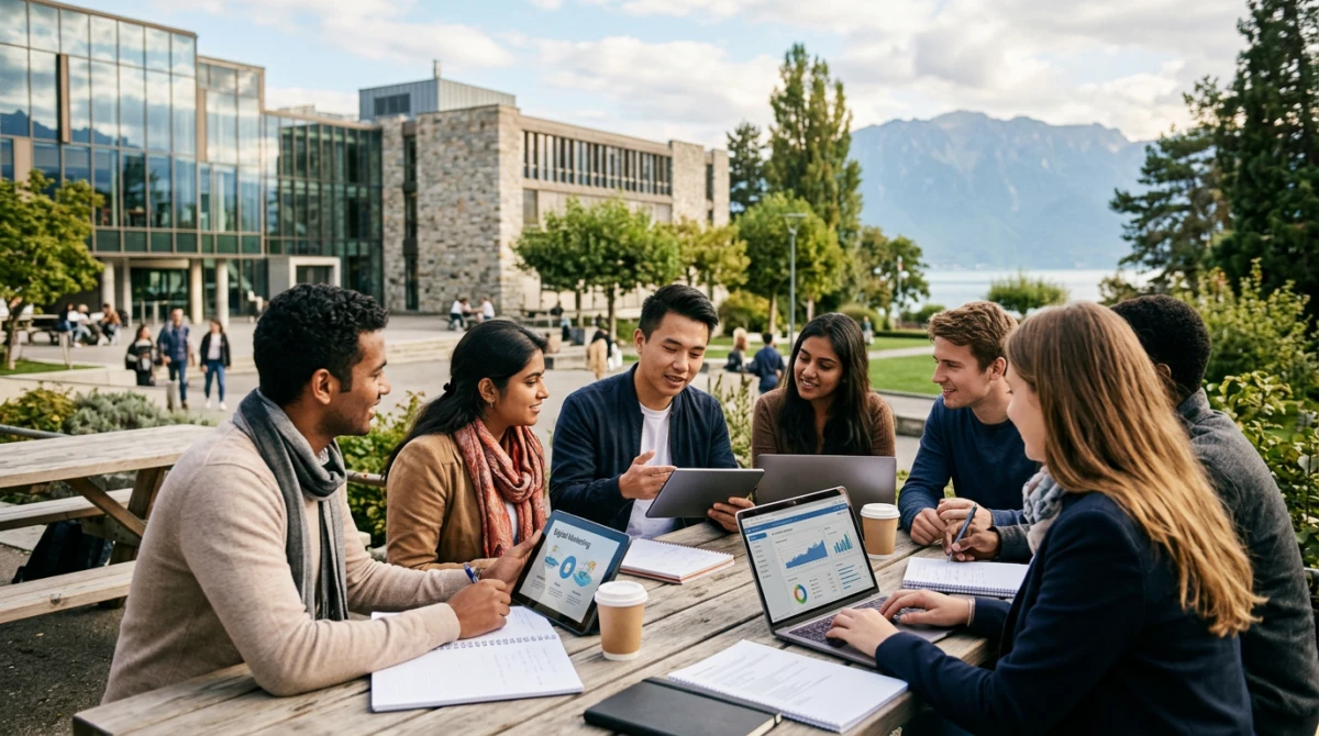Du học Đại học ngành Digital Marketing tại Thụy Sĩ 2 Sinh viên quốc tế thảo luận nhóm trong không gian học tập hiện đại tại Thụy Sĩ - Du học Đại học ngành Digital Marketing tại Thụy Sĩ