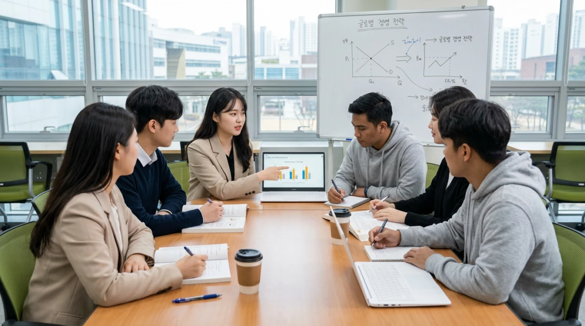 Sinh viên khối ngành kinh doanh làm việc nhóm trong không gian học tập hiện đại - Du học Hàn Quốc ngành Kinh doanh quốc tế