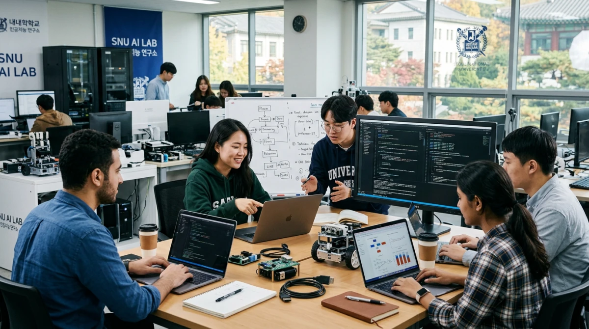 Sinh viên quốc tế thảo luận nhóm trong giờ thực hành lập trình và phát triển AI - Du học Hàn Quốc ngành Trí tuệ nhân tạo AI