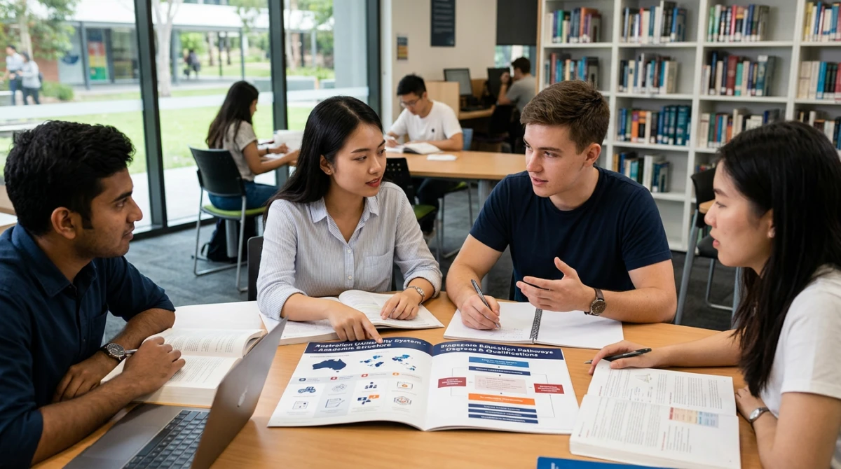 Sinh viên quốc tế thảo luận nhóm trong khuôn viên trường đại học. - Du học Singapore hay Úc
