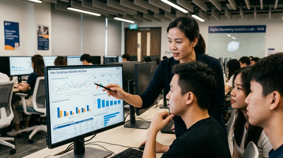 Sinh viên thực hành phân tích dữ liệu chiến dịch tiếp thị số trong phòng lab công nghệ - Du học Singapore ngành Digital Marketing