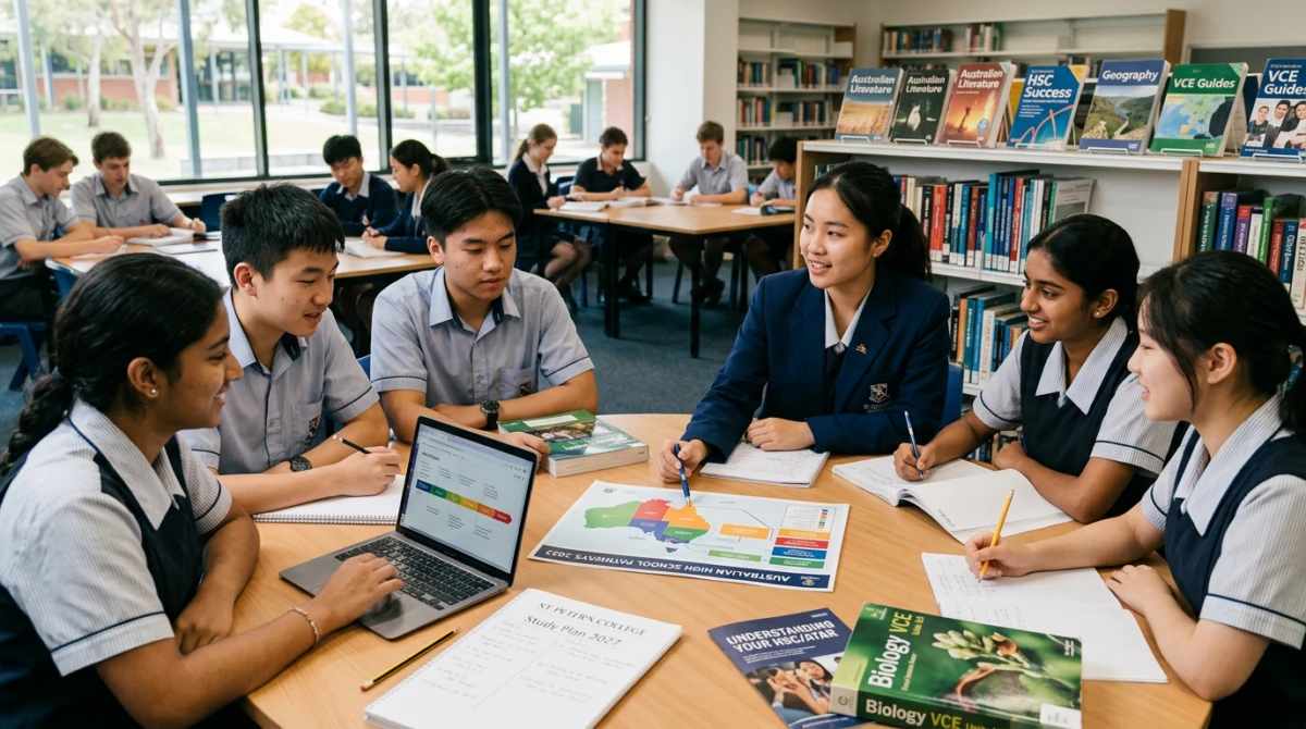 Học sinh thảo luận nhóm trong thư viện trường tại Úc - du học THPT Úc