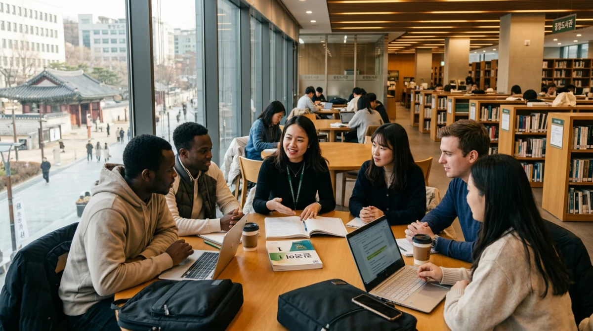 Sinh viên quốc tế trong giờ thảo luận nhóm tại thư viện hiện đại ở Seoul. - Du học tiếng Hàn tại Seoul