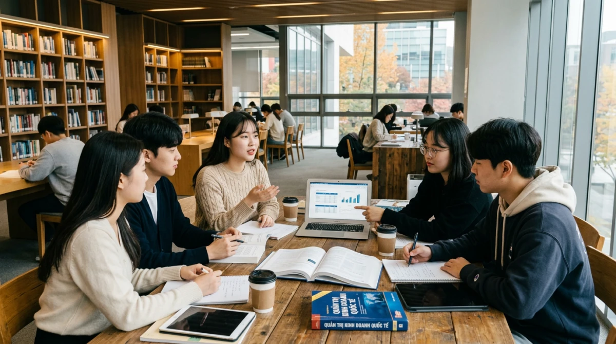 Top trường đại học Hàn Quốc ngành Kinh doanh 2 Sinh viên thảo luận nhóm tại khu vực học tập của trường đại học - trường đại học Hàn Quốc ngành Kinh doanh