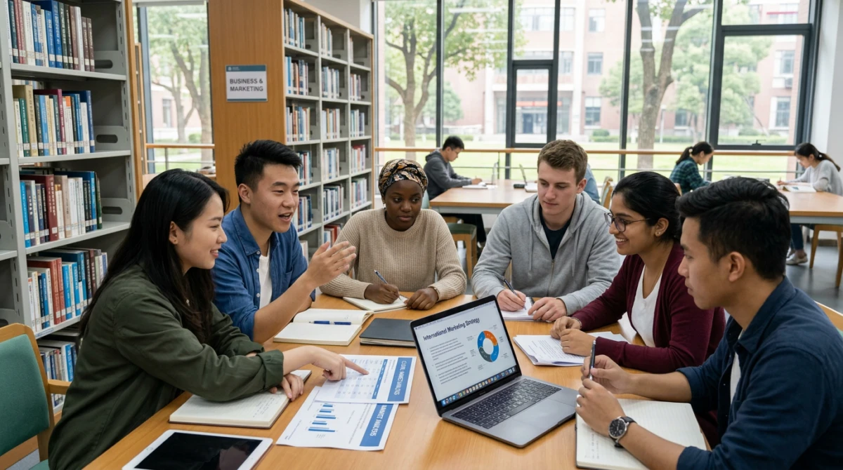 Sinh viên quốc tế thảo luận nhóm và nghiên cứu chiến lược marketing tại thư viện trường - Top trường đào tạo International Marketing tại Trung Quốc