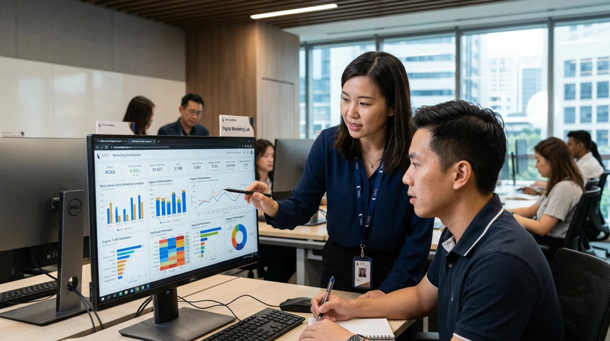 Top trường đào tạo ngành Digital Marketing tại Singapore đáng chú ý 2 Học viên thực hành phân tích dữ liệu và chiến dịch tiếp thị số tại phòng lab công nghệ. - Top trường đào tạo ngành Digital Marketing tại Singapore