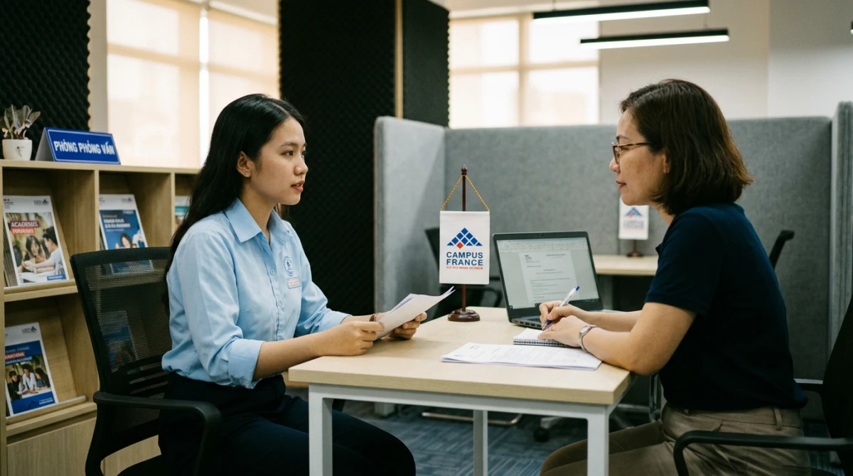 Ứng viên cần hoàn thành quy trình phỏng vấn chuyên môn tại Campus France trước khi đặt lịch nộp hồ sơ giấy. - visa du học pháp